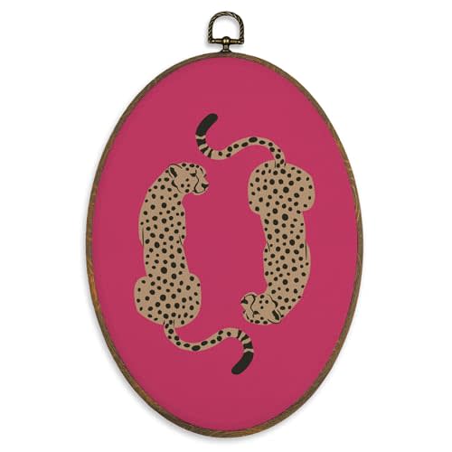 XBBMGG Hot Pink Retro Leopard Wall Art Decor, Trendy Cheetah Aesthetic Oval Wall Hanging Decor, Maximalist Framed Canvas Prints for Girly Bedroom Room Dorm Gallery Decorations, 8.6x11.4