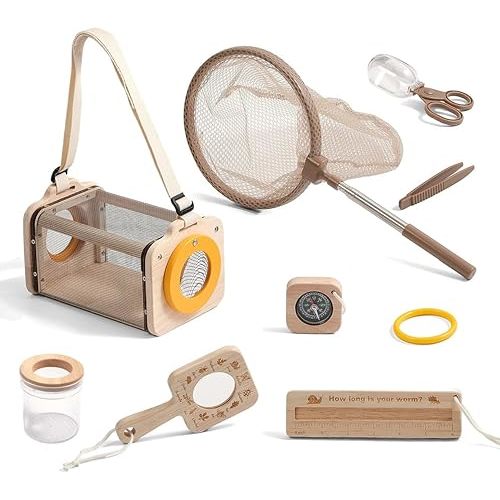 Montessori Wooden Bug Catcher Kit for Kids - 8-in-1 Outdoor Explorer Set with Habitat, Net & Magnifying Glass STEM Learning Toys for Ages 3-8 Nature Gift for Boys & Girls