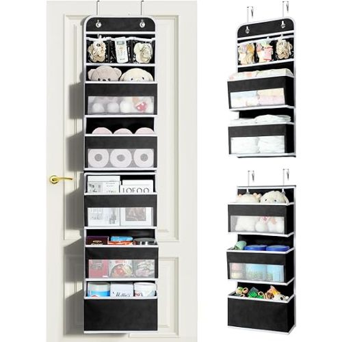 LAMU 6-Tier Over The Door Organizer, Swing - Proof Closet Door Organizer, Flexible 1 Split into 2 Over The Door Storage Organizer for Nursery, Bathroom, Bedroom, Black, 5 x 14 x 61in