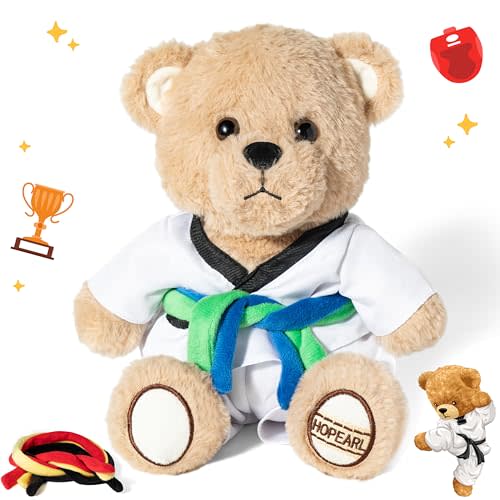 Hopearl Taekwondo Bear Karate Stuffed Animal Toy with Detachable Taekwondo Uniform and 6 Alternative Color Belts 1-10th Gup, Plush Toy Gifts for Kids Taekwondo Lovers Boys Girls, 10''