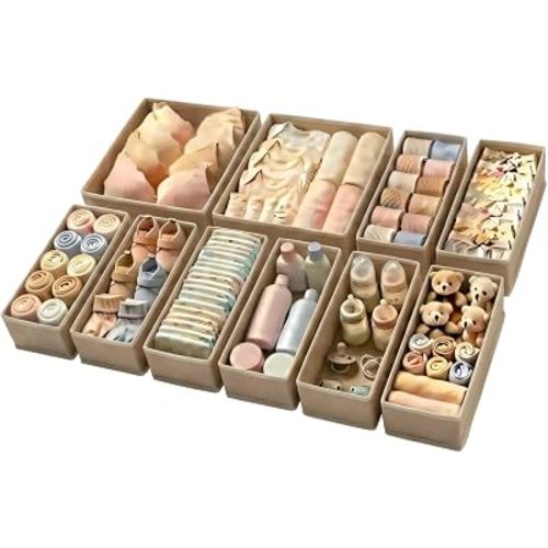 Drawer Organizer 10 Pack Khaki for Clothes & Underwear - Fabric Storage Bins with Zipper Bottom | Bra Drawer Organizer & Sock Organizer for Dresser - Foldable Baby Clothes Organizer Set