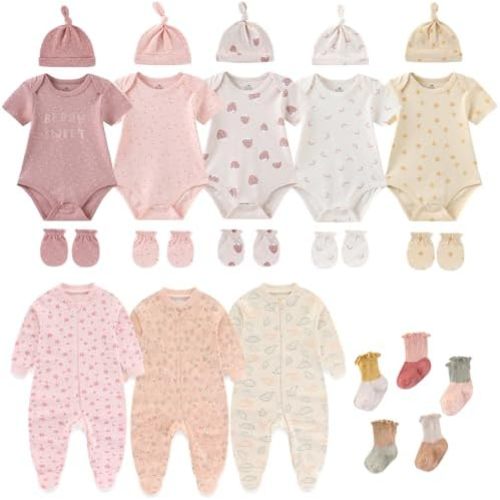 Ruliby New Born Clothes Cotton Baby Bodysuit Soft Romper and Accessories Layette Set 0-12 Months, 23-pack