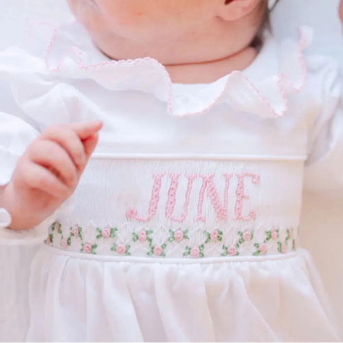 Hospital Gown / New Born Photos - Girls Pink & White Name Smocked Infant Knit Gown – Little Bear Smocks