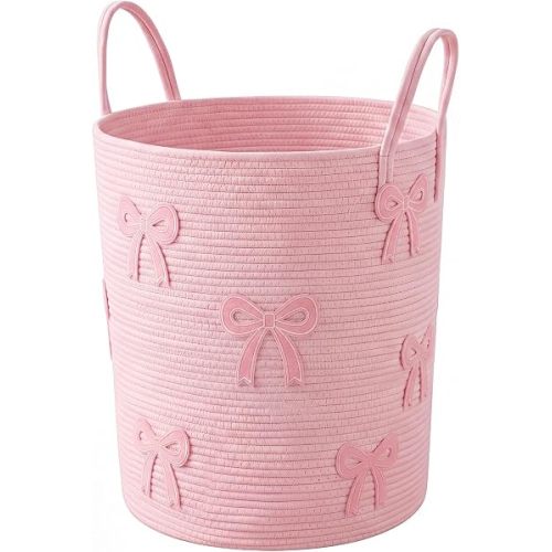 RattanView Pink Cotton Rope Laundry Basket Hamper Large Cute Bow Woven Basket 15 x 17.7 Inches Storage Hamper Bin for Girls Kids Baby Nursery Blanket Toys Clothes Organization