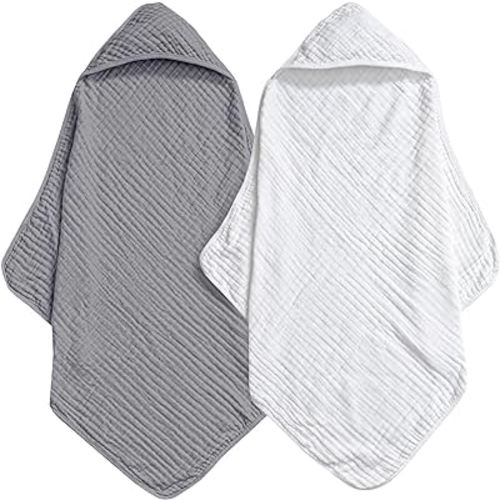 david's kids 2 Pack Hooded Baby Towels, 100% Muslin Cotton Baby Bath Towels, Ultra Soft Breathable Absorbent Towels for Infant Toddler and Kids, Newborn Essentials, Large 32x32Inch, White & Grey