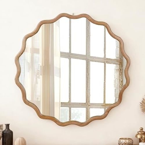 30" Wall Mirror with Wavy Edge Solid Wood Frame Decorative, Bathroom Mirror Tempered Glass for Hallway, Entryway, Living Room (Natural Wood)