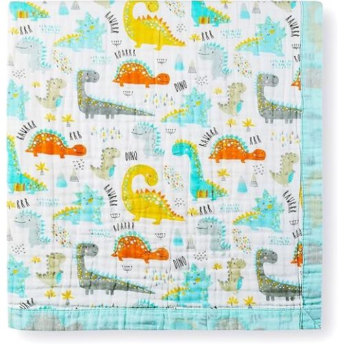 Jay & Ava Baby Muslin Blanket 42” x 42”, Soft Toddler Cotton Baby Blankets for Boy, 4 Layers Bed Muslin Throw for Baby Crib, Large Baby Receiving Blanket - (Green Dino)