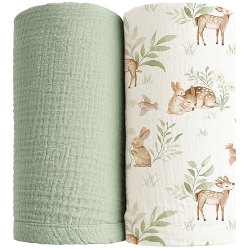 Konssy Muslin Swaddle Blankets for Girls Boys 2 Pack, 100% Cotton Receiving Baby Blanket Large 47 x 47 inches, Soft Breathable Swaddling Wrap for Unisex Newborn (Woodland,Sage)