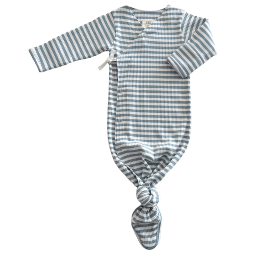 Dusty Blue Stripe / Organic Ribbed Kimono Knot Gown