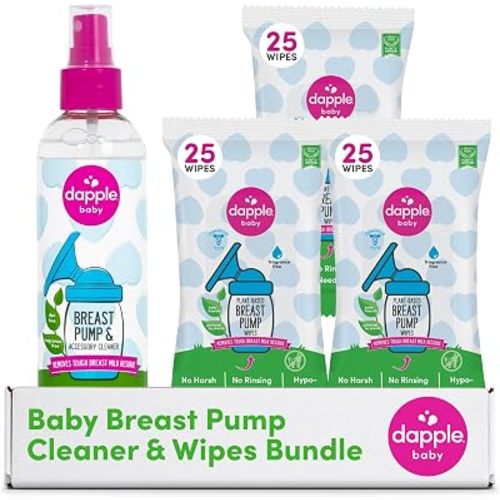 Dapple Baby Breast Pump Cleaner & Wipes Bundle - Unscented Hypoallergenic Cleaner 8 fl oz + Fragrance-Free Plant-Powered Wipes 75 Count (3x25) - Removes Milk Residue, Diaper Bag Essentials
