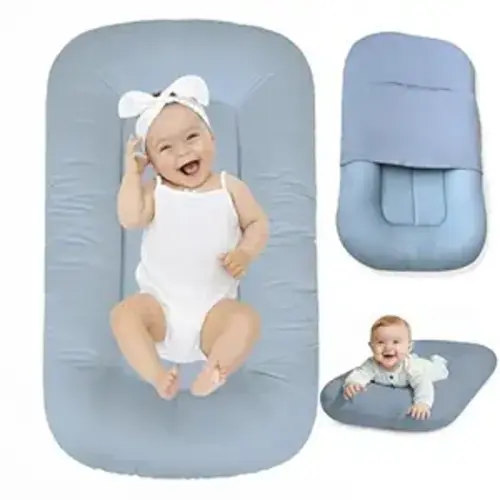 Baby Lounger 0-24 Months,Bionic Design Infant Lounger for Home and Travel with Cover,Breathable Baby Nest Waffle Fabric & 3D Support Newborn Babies Essentials Gifts,Light Blue