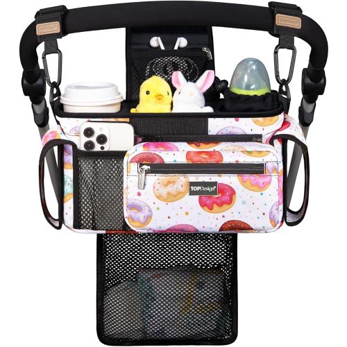 TOPDesign Universal Baby Stroller Organizer, Stroller Caddy with Detachable Mesh Bag & Heightened Insulated Cup Holders & Non-Slip Secure Hooks Accessories, Fits Most Strollers (Donuts)