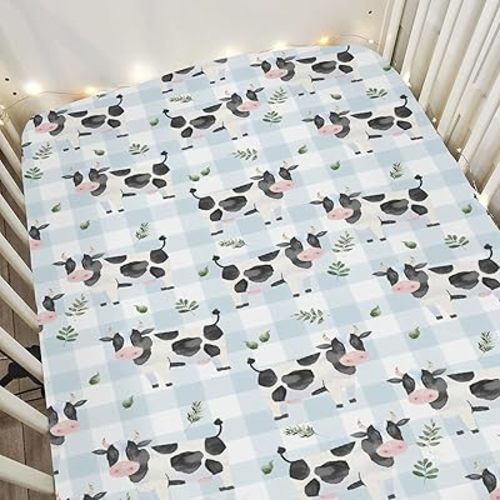 Dairy Cows Spring Baby Crib Sheets for Boy Girl 28"x52" Cow Boho Leaves Blue White Plaids Soft Snug Fitted Crib Mattress Covers Farm Animals Baby Sheet for Standard Crib and Toddler Bed Mattresses