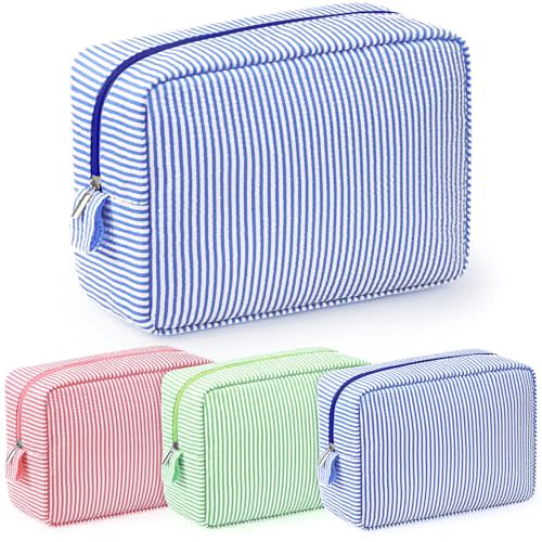 Sanwuta 3 Pcs Seersucker Makeup Bags Seersucker Cosmetic Bags Striped Women Large Travel Toiletry Organizer Preppy Storage Pouch for Embroidery Wedding Bridesmaid Gifts(Pink, Blue, Green)