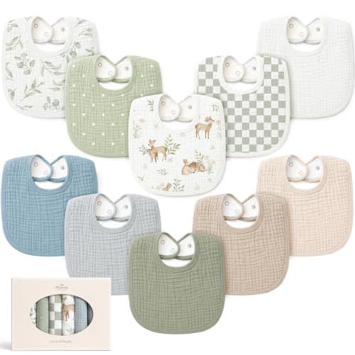 Konssy 10-Pack Muslin Baby Bibs for Drooling and Teething | Soft & Absorbent, Cotton Front with Fleece Backing, Adjustable Fit, Wash Durable, for Boys and Girls Ages 0-36 Months