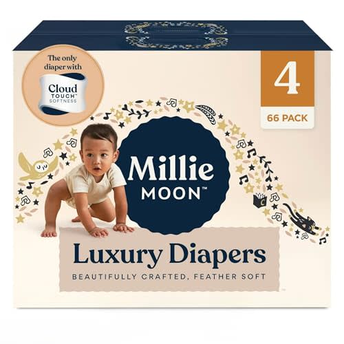Millie Moon Luxury Diapers – Ultra Soft Cloud Touch Disposable Diapers with 12 Hour Absorbency & Wetness Indicator (4-66ct)