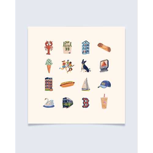 Boston Charms Art Print - Colorful hand-drawn illustrations 11x14 unframed