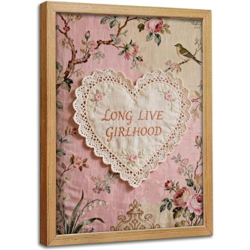 Framed Long Live Girlhood Pink Floral Heart Canvas Wall Art 8x10 Inch