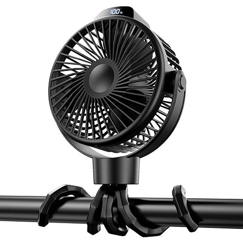 Koonie Portable Stroller Fan for Baby, Rechargeable Battery Operated, 3 Speeds, 360° Rotation, 25db Low Noise,Digital Display, Detachable Flexible Tripod Clip-on Car Seats, Tent, Crib, Treadmill