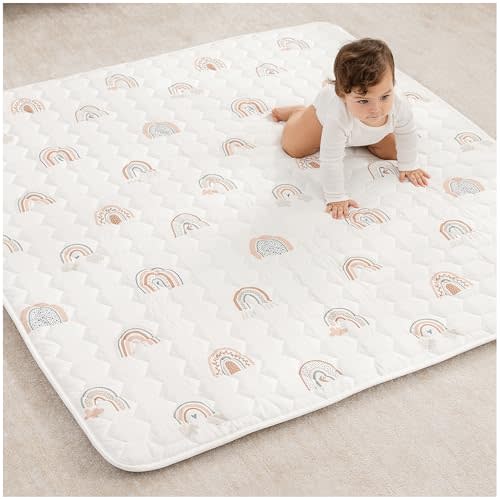Comfy Cubs Square Kids Play Mat - 56 x 56 inches Soft Quilted Baby Floor Mat with Non-Slip Bottom - Plush Design for Toddlers' Playtime - Comfortable and Durable - Rainbow