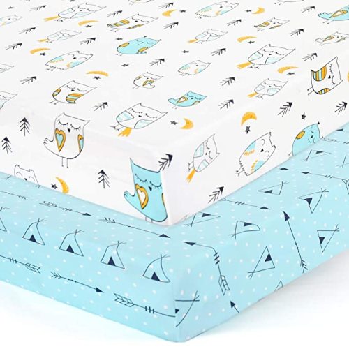 Stretchy Crib Sheets Set BROLEX 2 Pack Portable Crib Mattress Topper for Baby Boys Girls,Ultra Soft Jersey Knit,Arrow & Owl