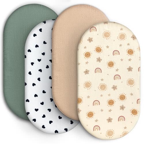 100% Muslin Cotton Baby Bassinet Sheets for Baby Boy Girls,4-Pack Fitted Bassinet Sheets Set Compatible with Halo Bassinest Swivel Sleeper,Baby Delight,Angelbliss,32"X16" (Sun Series)