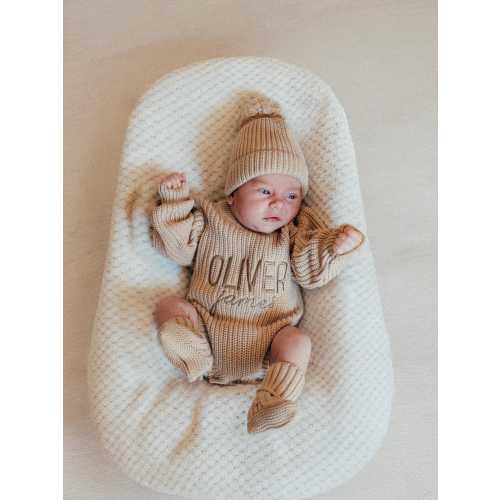 knit baby romper custom embroider chunky sweater beige knit unisex coming home milestone photo announcement reveal outfit onesie®