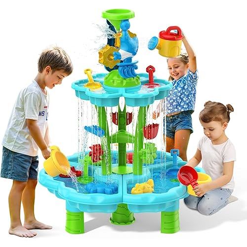 Kids Flower Water Sand Table for Toddlers - 2-Tier Outdoor Water Sand Play Table Toys for Boys Girls, Summer Splash Activity Sensory Table Party Birthday Gift for Kids 3-5 6-12