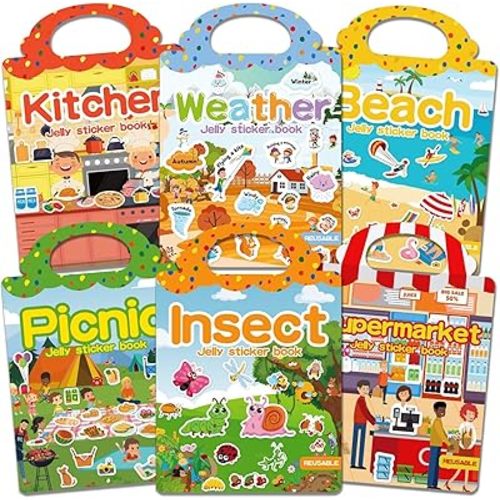 6 Sets Reusable Sticker Book for Toddlers 3-6, Jelly Sticker Books for Toddler, Travel Sticker Activity Toys for Kids 3 4 5 6 Years Old Girls & Boys