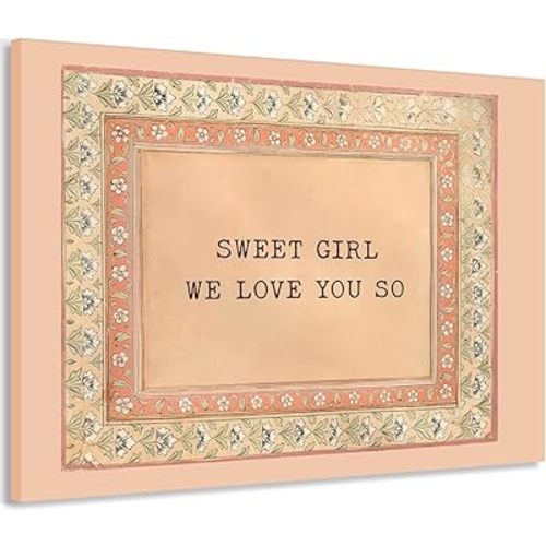 Framed Sweet Girl We Love You So Canvas Wall Art Vintage Pink Background Floral Border Wall Decor Pictures | Boho Nursery Decor | Kids Bedroom Decor for Girls | Gift for Kids | 12X16 in