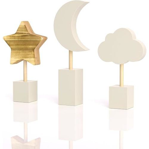 3 Pcs Wooden Moon and Stars Nursery Decor Boho Sky Cloud Nursery Shelf Decor Cute Children Baby Wall Decor for Nurseries Bedroom Kindergarten Classroom Playroom
