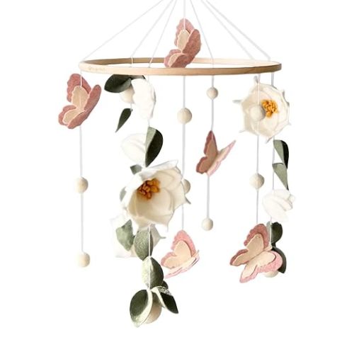 Floral Baby Mobile Nursery Decor Felt Flowers Butterflies Baby Mobile for Crib Boys Girls Boho Style Neutral Baby Gift Hanging for Nursery Decor Accessories