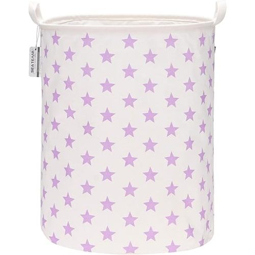 Sea Team 19.7 Inches Large Sized Waterproof Coating Ramie Cotton Fabric Folding Laundry Hamper Bucket Cylindric Burlap Canvas Storage Basket with Stylish Stars Design (19.7", Purple Star)