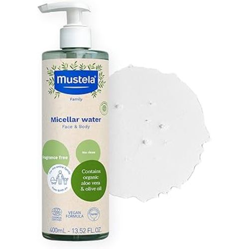 Mustela Certified Organic Micellar Cleansing Water -No-Rinse Natural Water Cleanser w/Olive Oil & Aloe Vera - For Baby, Kid & Adult - Fragrance Free, EWG Verified & Vegan -13.5 oz-Packaging may vary