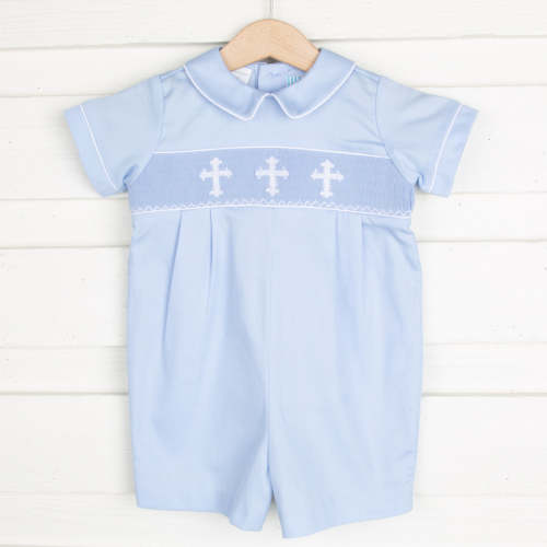 Cross Smocked Light Blue Pique Collared Romper