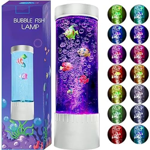 Brewish Bubble Fish Lamp | Desktop Sensory LED Bubble Lamp | Color Changing Aquarium lamp | Artificial Fish Tank with Moving Fish, Sea Horse, Jellyfish | Gift for Kids, Adults, ADHD & Autism