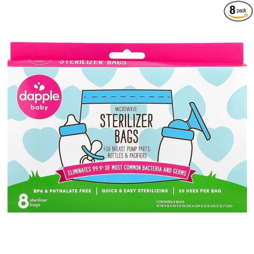 Dapple Baby Microwave Sterilizer Bags, Reusable for Breast Pump Parts & Baby Bottle, 20 Uses Per Bag, Great for Travel & Office, 8 Count (Pack of 1)
