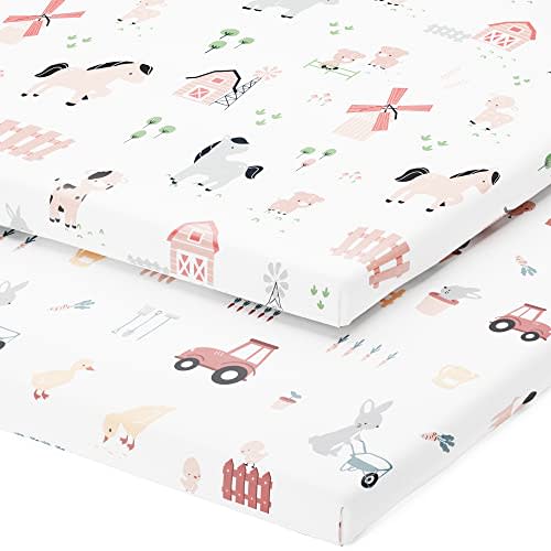 Joey + Joan Pack and Play Sheets Fitted – Compatible with 4moms Breeze Plus Playard and Other Large Playpen Mattress – Buttery Soft 100% Cotton – Farm Animals – 2 Pack