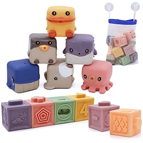 MARUMINE Baby Blocks Soft Stacking Building Block Squeeze Teething Toys with Animals Numbers Textures Shapes, Early Educational Montessori Sensory Toy for 6-12 Months Babies (12PCS)