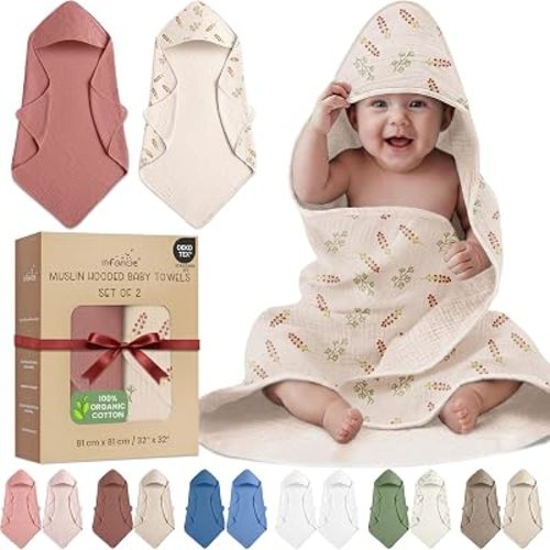 Oeko TEX 100% Organic Cotton 2 PK Muslin Baby Hooded Towels Infant 32x32 in
