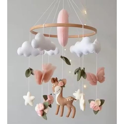 Woodland Deer Nursery Mobile, Pink and White Felt, Butterflies Clouds Stars Design, Baby Room Decor