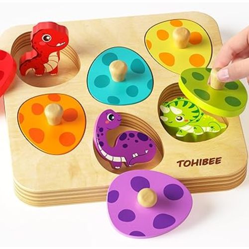 TOHIBEE Wooden Puzzles Montessori Toys for Toddlers 1-3, Dinosaur Eggs Peg Puzzles, Preschool Education Learning Toys for Boys and Girls, 6 Brightly Color Cute Dinosaur Shapes