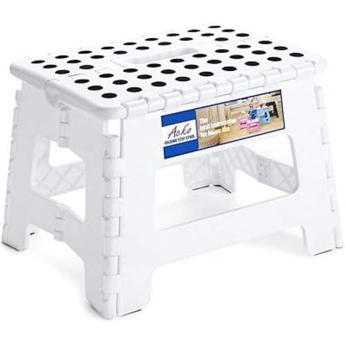 ACKO Folding Step Stool 9 Inch 300 lb Capacity, Plastic Foldable Step Stools for Kids and Adults, Folding Stools Suitable for Kitchen, Stepping Stool with Handle White 1PC