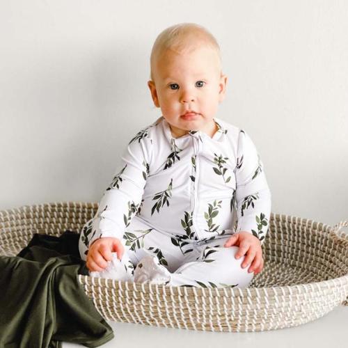 Olive Leaf Bamboo Zipper One-Piece Footie | Caden Lane