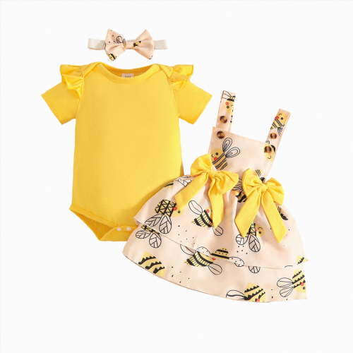 CAUYDY 3M 6M 9M Baby Girls Summer Clothing 12M 18M 24M Toddler Cute Outfits Short Sleeve Romper + Overall Skirt Dress + Headband 3-Piece Newborn Outfit (Sizes 0-3 Months,D1-Yellow)