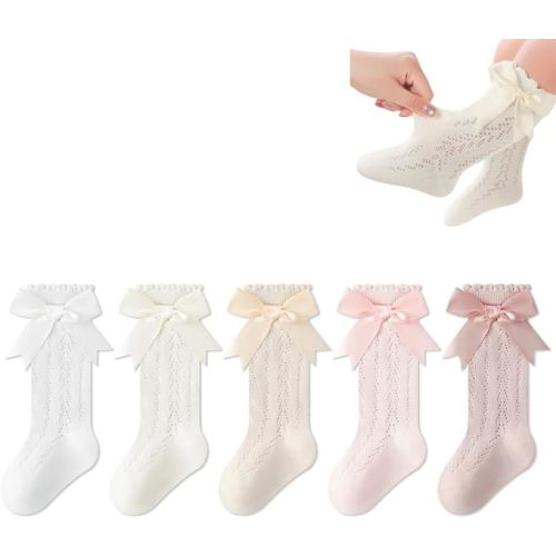 Toddler Girl Ruffle Socks Baby Girls Knee High Socks | Soft Cotton,Stretch & Breathable,Cute Frilly Cuff,Flower & Bow,Newborn/Infant Long Tube Socks,School/Daily/Dress Wear