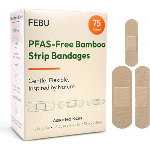 FEBU PFAS Free Bamboo Fabric Bandages, 75 Count Strip