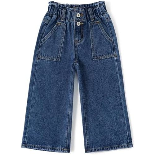 KIDSCOOL SPACE Baby Girls Jeans,Toddler Elastic Waist with D-Ring Slant Pockets Wide-Leg Denim Pants