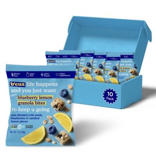 B'cuz Blueberry Lemon Granola Bites 1oz-Bag Gluten Free Healthy Snacks for Adults & Kids - 10 Bags