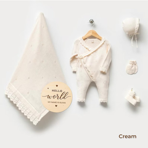 Cream Baby Girl Coming Home Outfit, Organic Cotton Knit Baby Clothes, Newborn Hospital Outfit, Custom Wooden Name Sign Gift